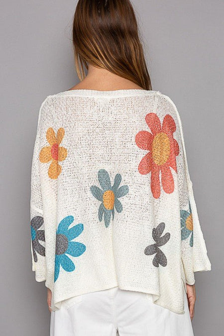 POL Flower Dropped Shoulder Long Sleeve Knit Top - S. M. & Co.