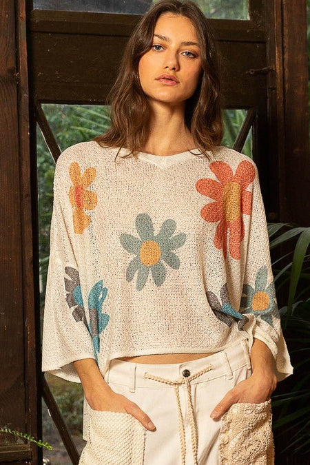 POL Flower Dropped Shoulder Long Sleeve Knit Top - S. M. & Co.