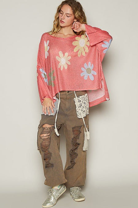 POL Flower Dropped Shoulder Long Sleeve Knit Top - S. M. & Co.