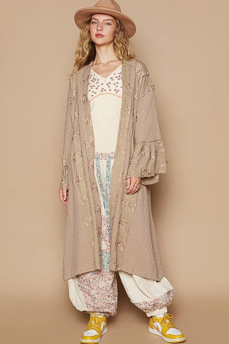 POL Flower Lace Trim Open Front Longline Cardigan - S. M. & Co.