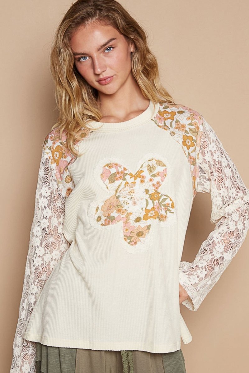 POL Flower Patch Lace Sleeve Knit Top - S. M. & Co.