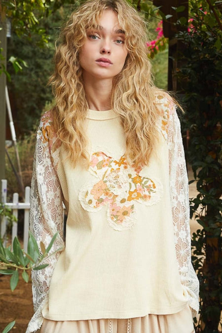 POL Flower Patch Lace Sleeve Knit Top - S. M. & Co.