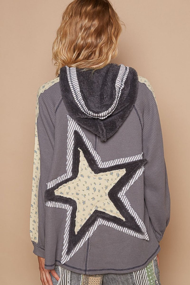 POL Half Zip Up Fleece Mix Back Star Patch Hoodie - S. M. & Co.