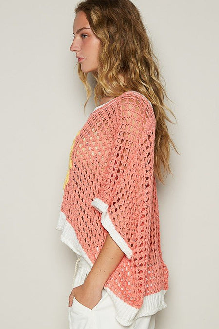 POL Hollow Out Flower Half Sleeve Knit Cover Up - S. M. & Co.