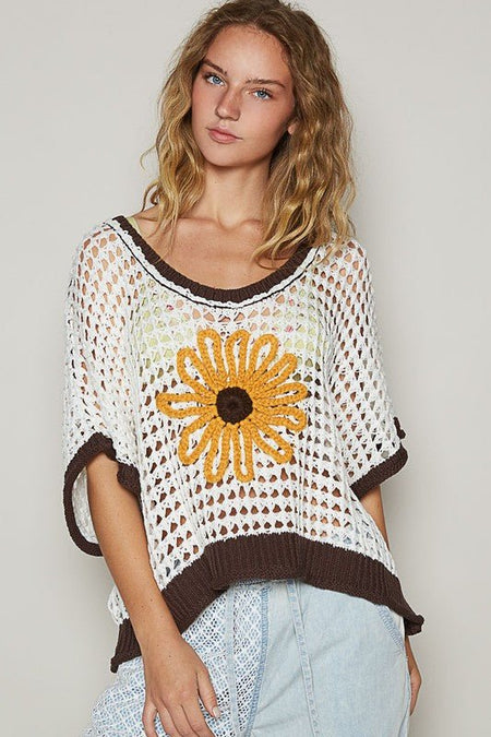 POL Hollow Out Flower Half Sleeve Knit Cover Up - S. M. & Co.