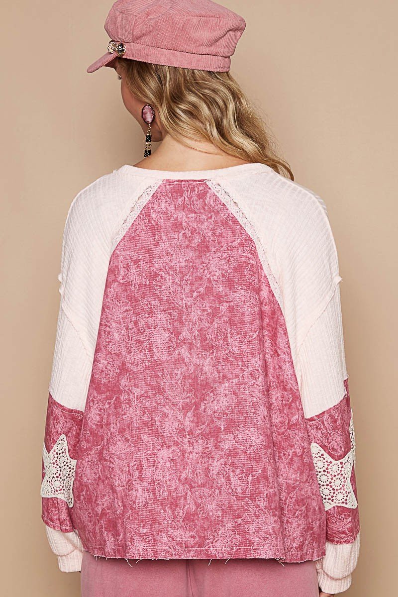 POL Lace Detail Floral Pattern V Neck Top - S. M. & Co.