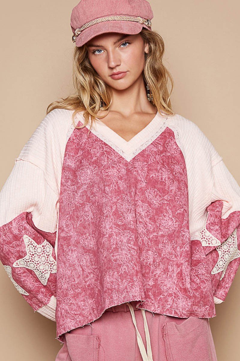 POL Lace Detail Floral Pattern V Neck Top - S. M. & Co.