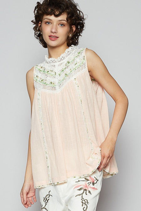 POL Lace Detail Floral Sleeveless Rayon Gauze Top - S. M. & Co.