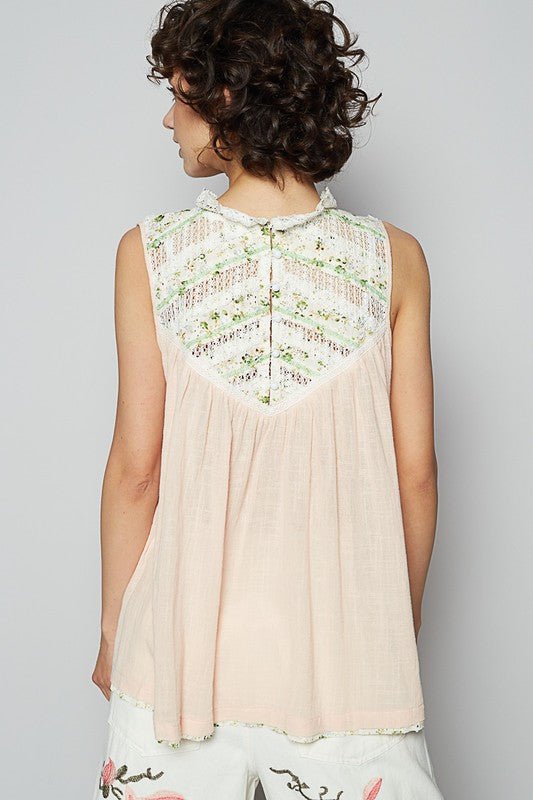 POL Lace Detail Floral Sleeveless Rayon Gauze Top - S. M. & Co.