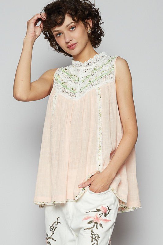 POL Lace Detail Floral Sleeveless Rayon Gauze Top - S. M. & Co.