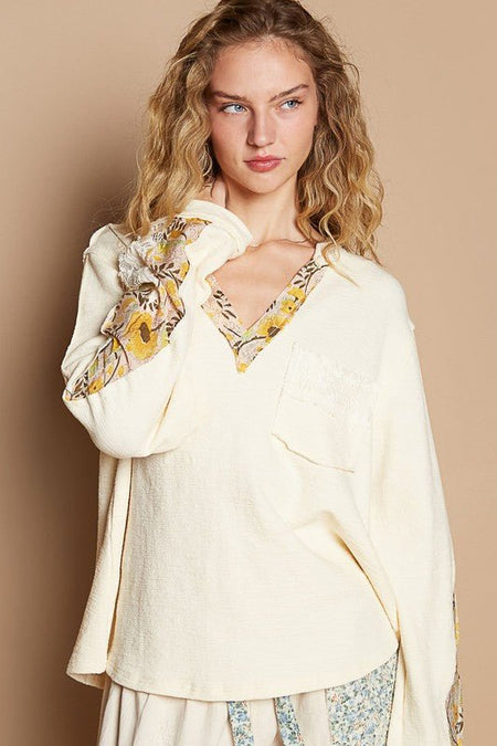 POL Lace Detail Flower Printed V - Neck Knit Top - S. M. & Co.