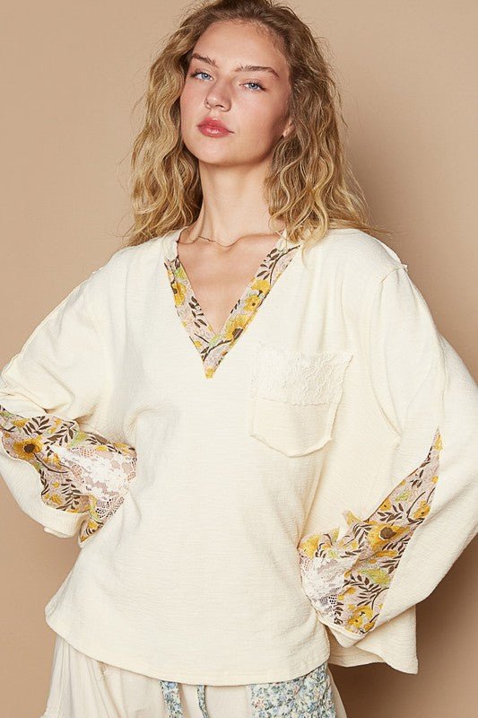 POL Lace Detail Flower Printed V - Neck Knit Top - S. M. & Co.