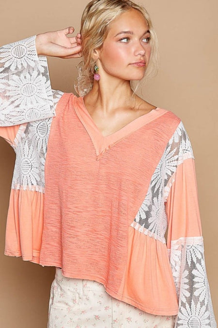 POL Lace Detail V - Neck Flare Sleeve Blouse - S. M. & Co.