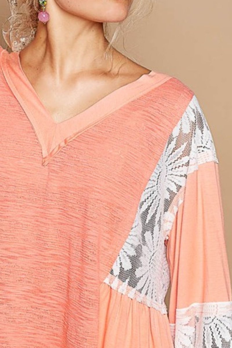 POL Lace Detail V - Neck Flare Sleeve Blouse - S. M. & Co.