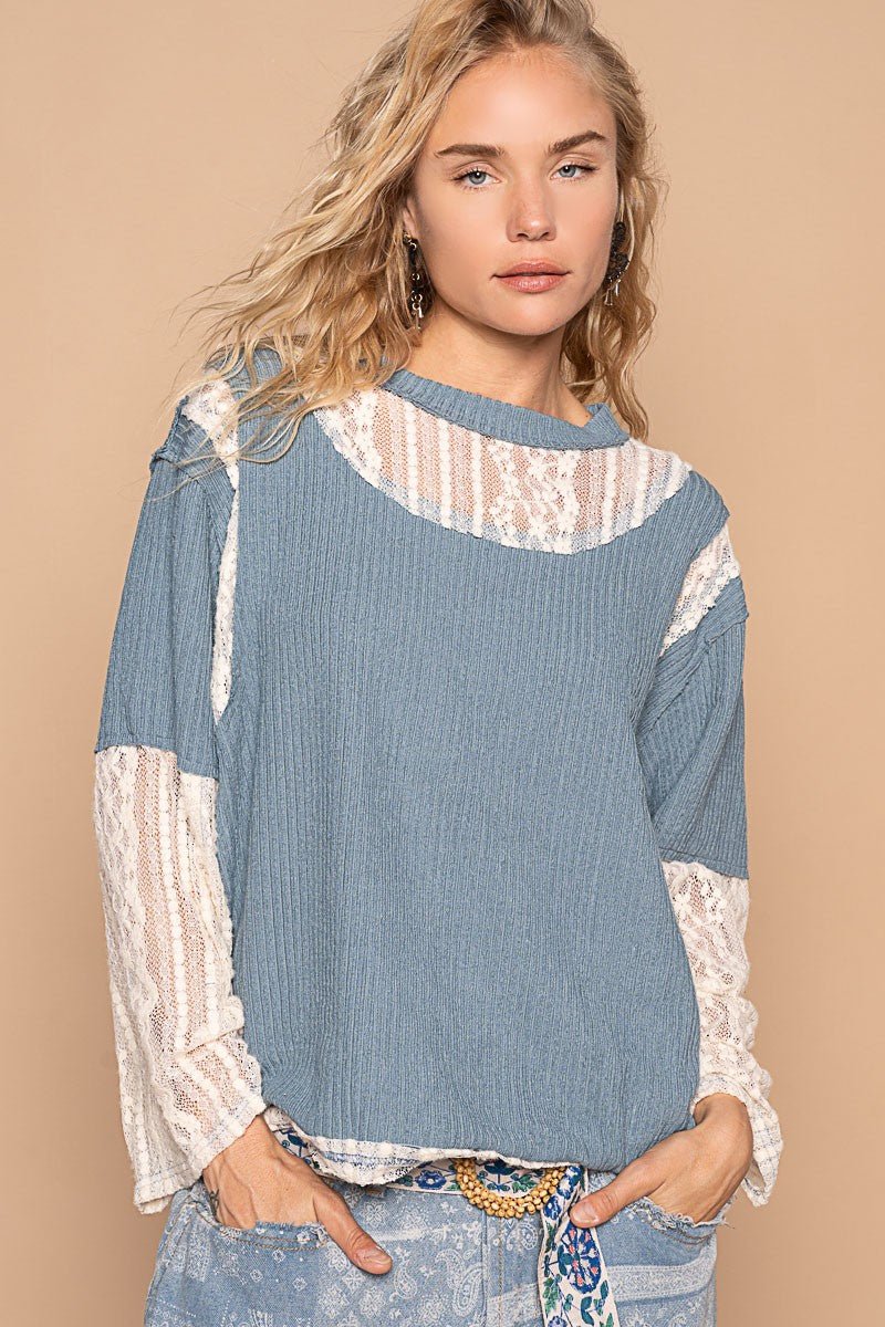 POL Lace Panel Round Neck Long Sleeve Top - S. M. & Co.