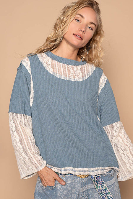 POL Lace Panel Round Neck Long Sleeve Top - S. M. & Co.