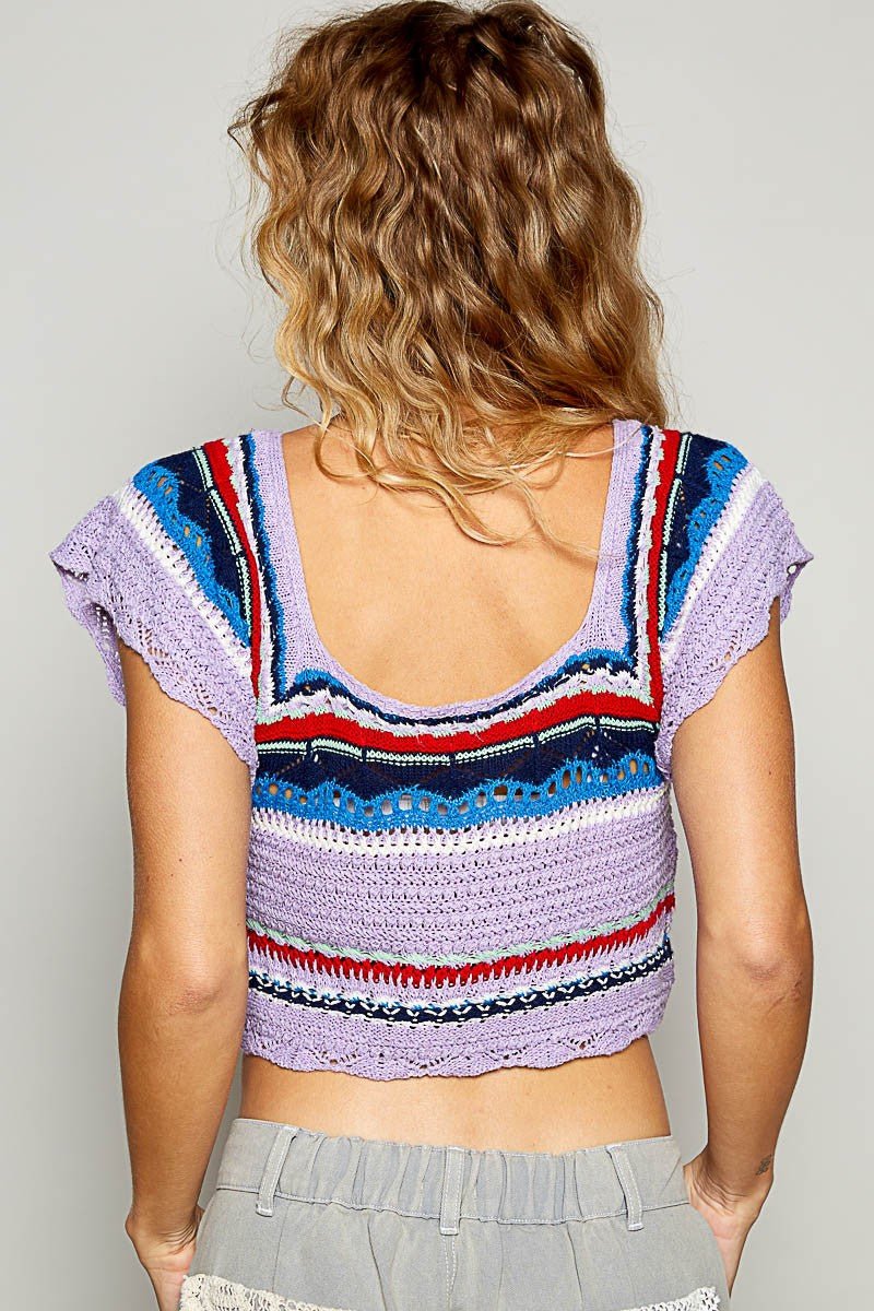 POL Openwork Ethnic Pattern Square Neck Cropped Knit Top - S. M. & Co.