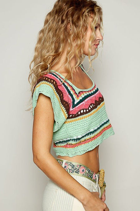 POL Openwork Ethnic Pattern Square Neck Cropped Knit Top - S. M. & Co.