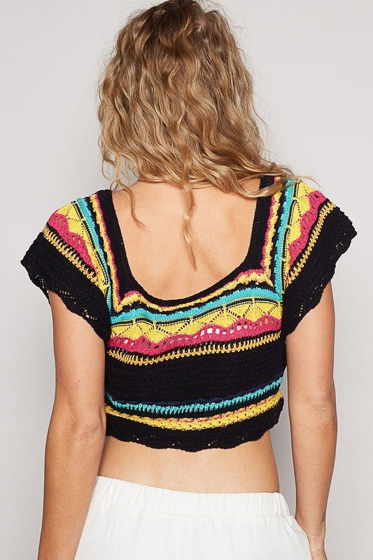 POL Openwork Ethnic Pattern Square Neck Cropped Knit Top - S. M. & Co.