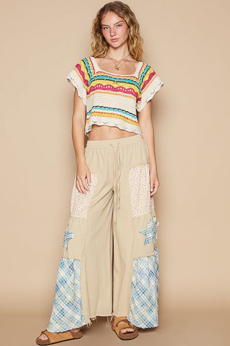 POL Openwork Ethnic Pattern Square Neck Cropped Knit Top - S. M. & Co.