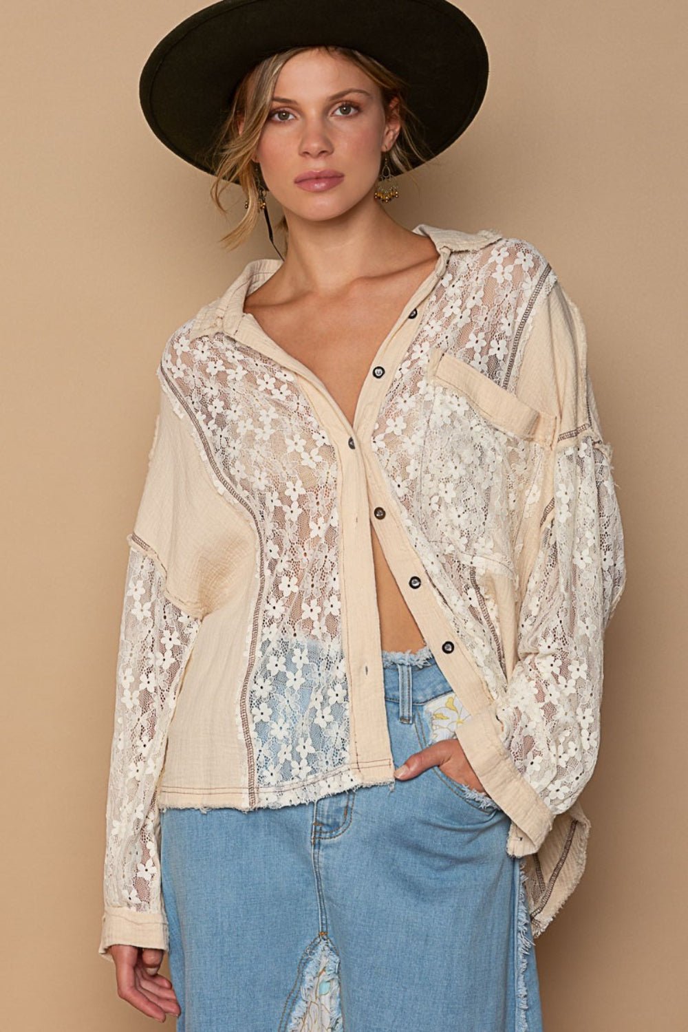 POL Oversize Lace Button - Down Shirt - S. M. & Co.