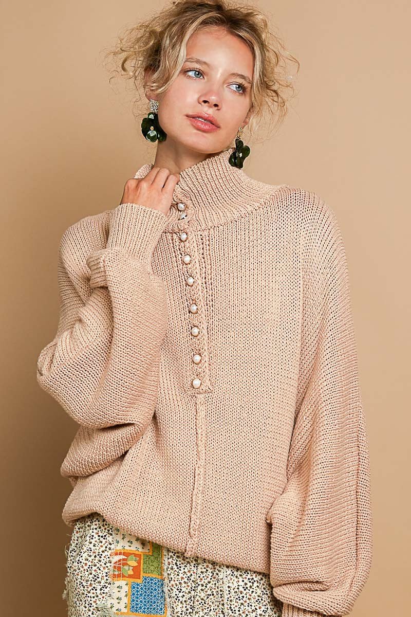 POL Pearl Detail Turtleneck Long Sleeve Sweater - S. M. & Co.