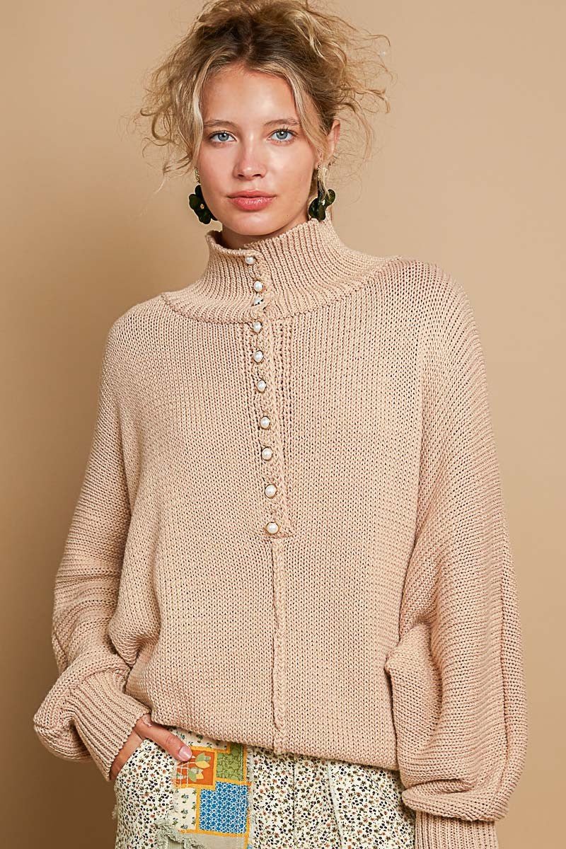 POL Pearl Detail Turtleneck Long Sleeve Sweater - S. M. & Co.