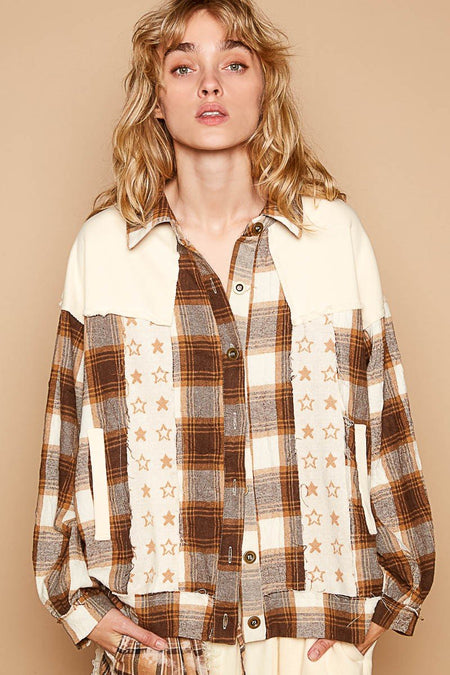 POL Plaid & Star Patchwork Contrast Long Sleeve Shacket - S. M. & Co.