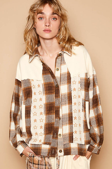 POL Plaid & Star Patchwork Contrast Long Sleeve Shacket - S. M. & Co.