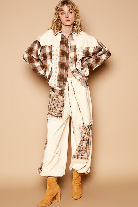 POL Plaid & Star Patchwork Contrast Long Sleeve Shacket - S. M. & Co.