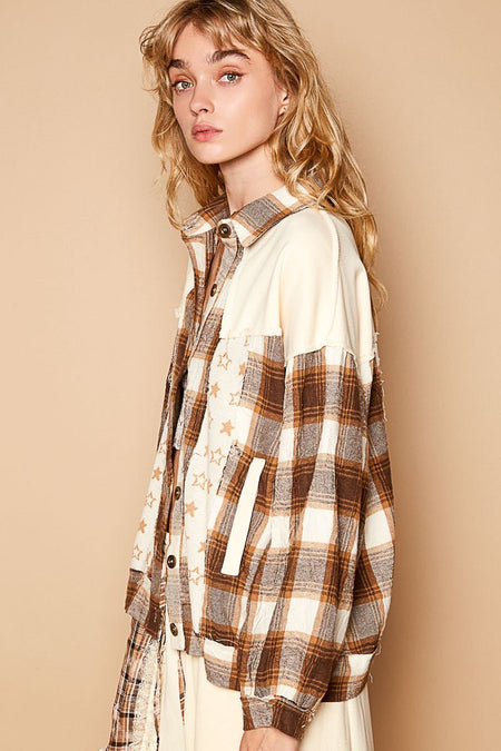 POL Plaid & Star Patchwork Contrast Long Sleeve Shacket - S. M. & Co.