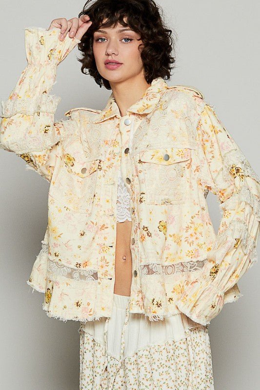 POL Raw Hem Lace Patch Flounce Sleeve Jacket - S. M. & Co.