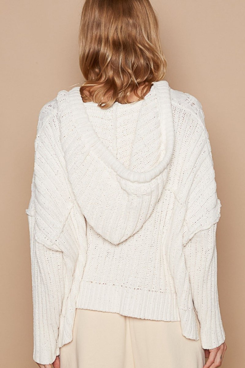 POL Rib Weave Sleeves Hooded Cable Knit Sweater - S. M. & Co.