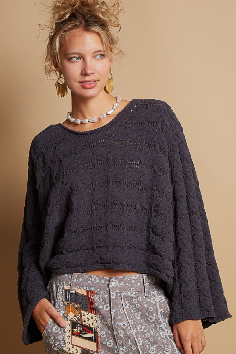 POL Round Neck Cable Knit Cropped Sweater - S. M. & Co.