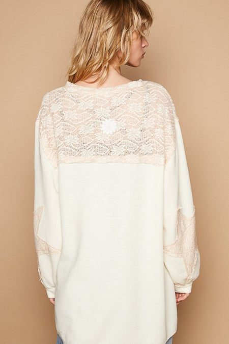 POL Round Neck Long Sleeve Crochet Patches Top - S. M. & Co.