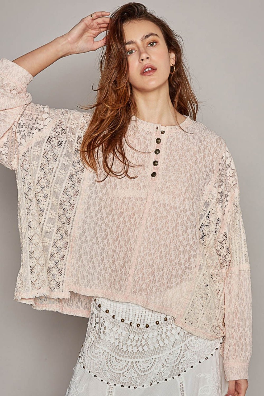 POL Round Neck Long Sleeve Raw Edge Lace Top - S. M. & Co.