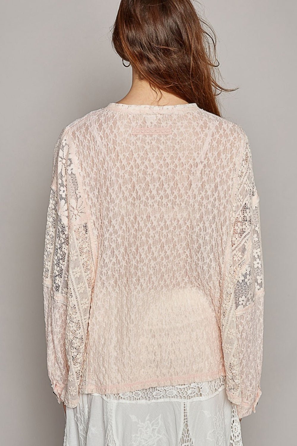 POL Round Neck Long Sleeve Raw Edge Lace Top - S. M. & Co.