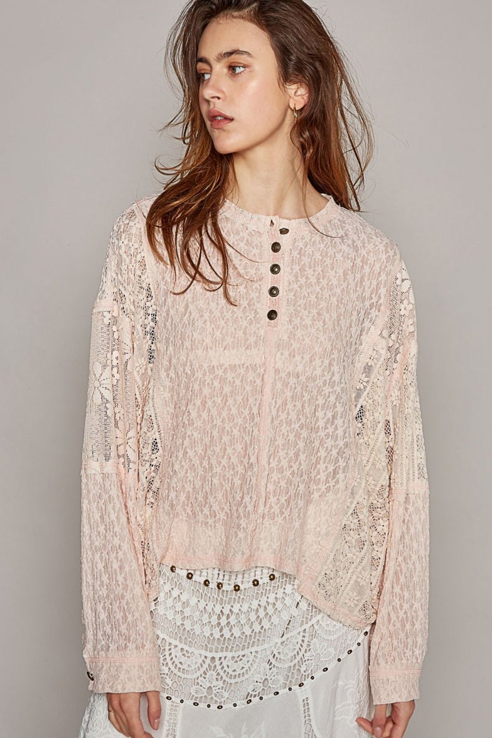 POL Round Neck Long Sleeve Raw Edge Lace Top - S. M. & Co.