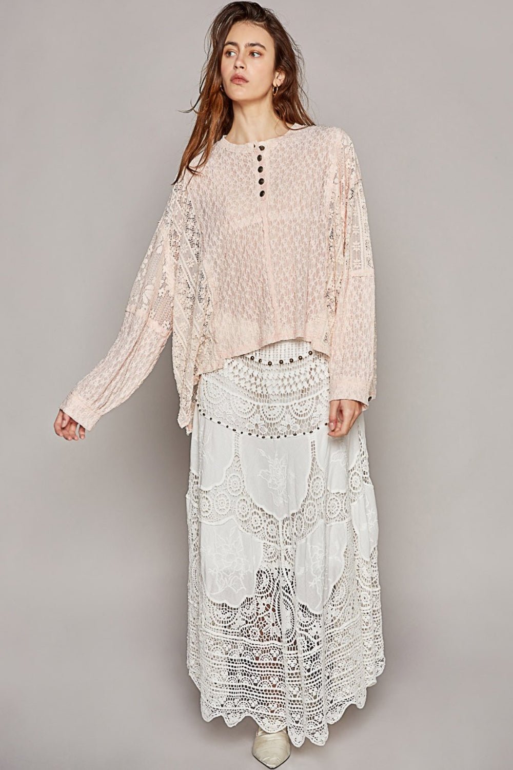 POL Round Neck Long Sleeve Raw Edge Lace Top - S. M. & Co.