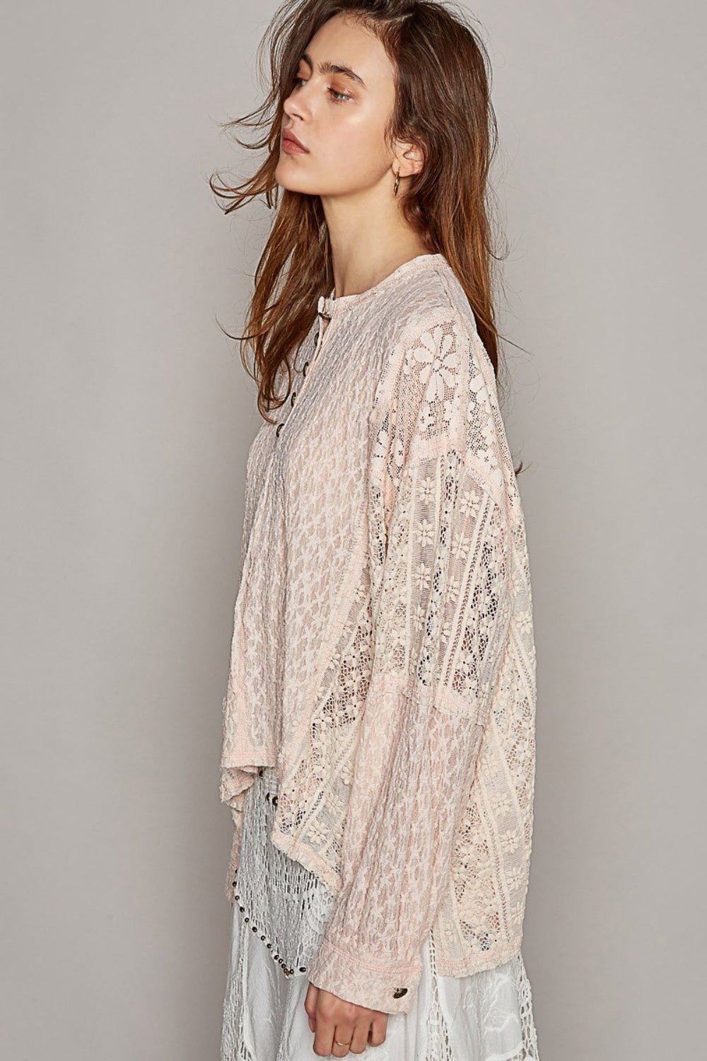 POL Round Neck Long Sleeve Raw Edge Lace Top - S. M. & Co.