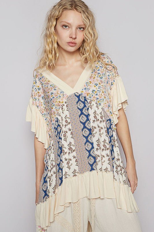 POL Ruffled Hem Printed V - Neck Short Sleeve Blouse - S. M. & Co.