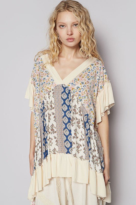 POL Ruffled Hem Printed V - Neck Short Sleeve Blouse - S. M. & Co.