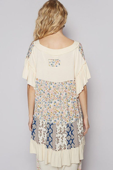 POL Ruffled Hem Printed V - Neck Short Sleeve Blouse - S. M. & Co.