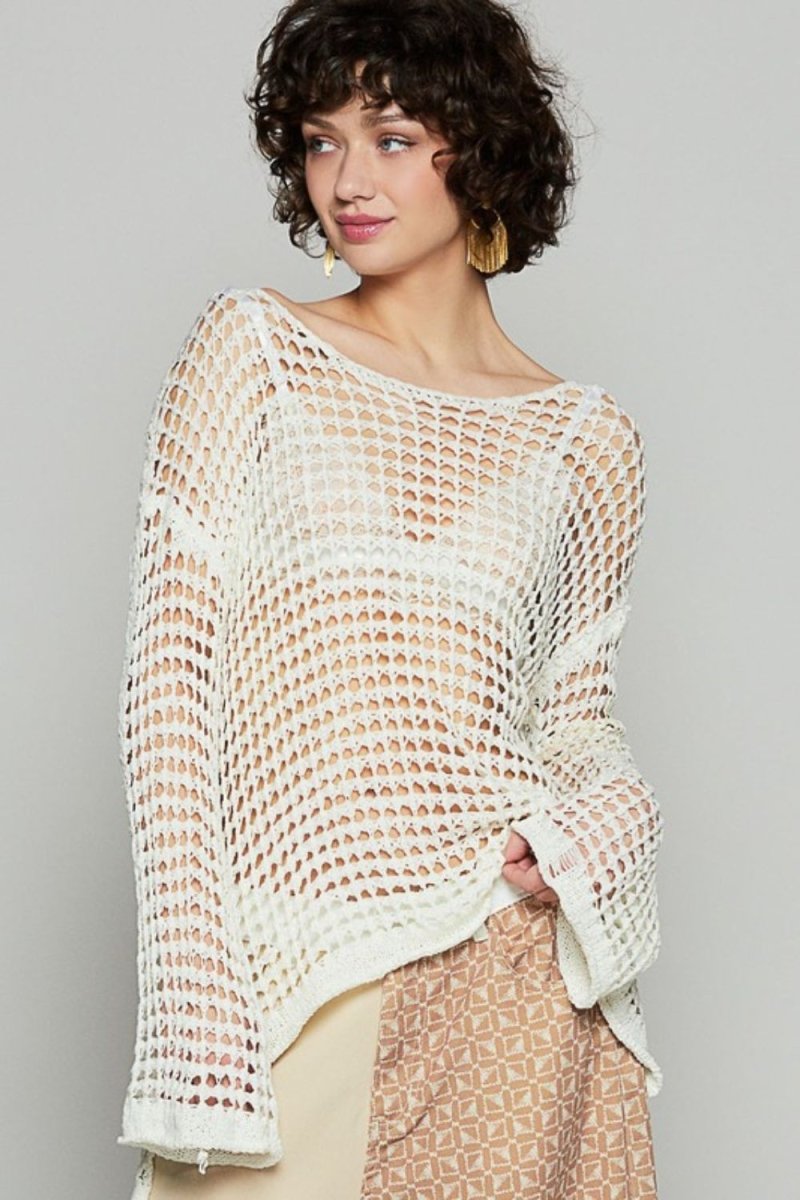 POL Side Slit Openwork Long Sleeve Knit Cover Up - S. M. & Co.