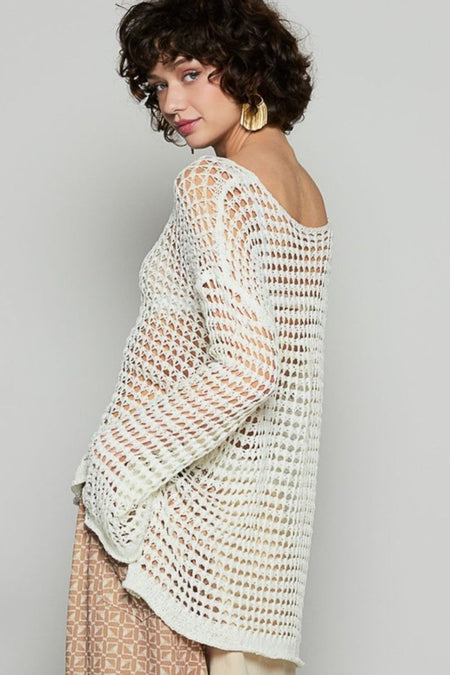 POL Side Slit Openwork Long Sleeve Knit Cover Up - S. M. & Co.