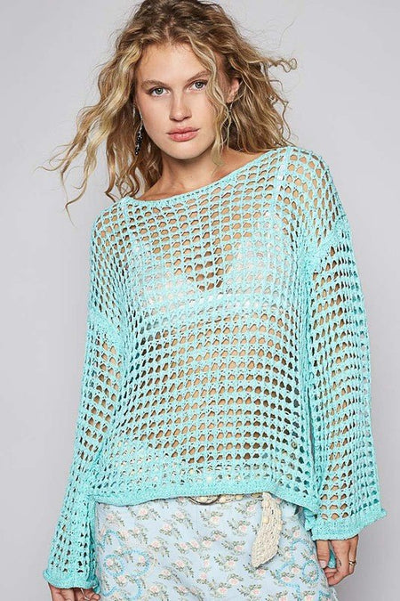 POL Side Slit Openwork Long Sleeve Knit Cover Up - S. M. & Co.