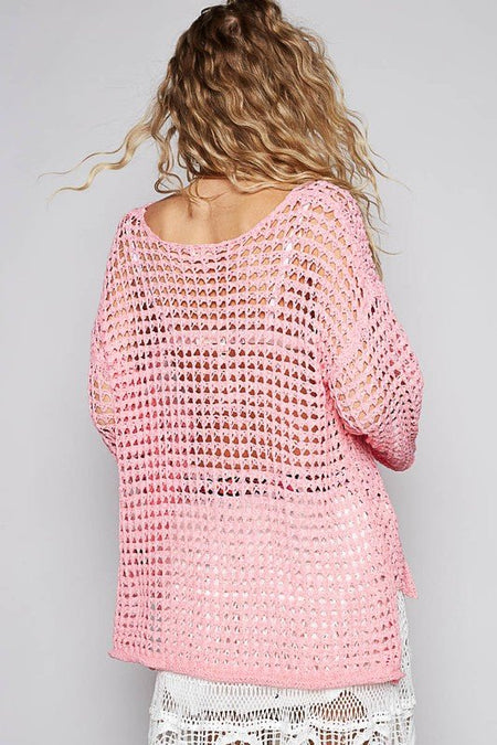 POL Side Slit Openwork Long Sleeve Knit Cover Up - S. M. & Co.