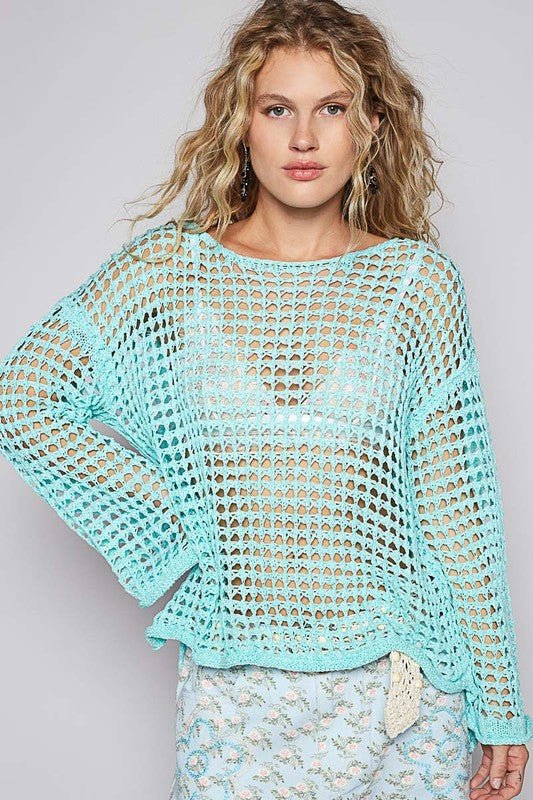 POL Side Slit Openwork Long Sleeve Knit Cover Up - S. M. & Co.