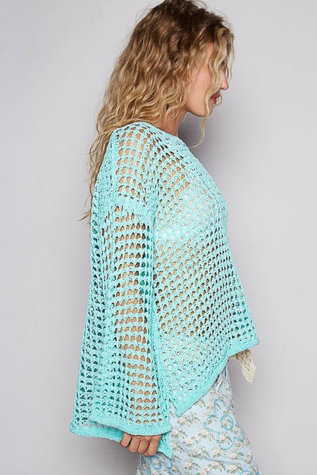 POL Side Slit Openwork Long Sleeve Knit Cover Up - S. M. & Co.