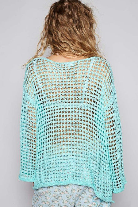 POL Side Slit Openwork Long Sleeve Knit Cover Up - S. M. & Co.